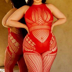 Red Lingerie Delight Crotchless Fishnet Bodystocking with Thong by Killer Legs